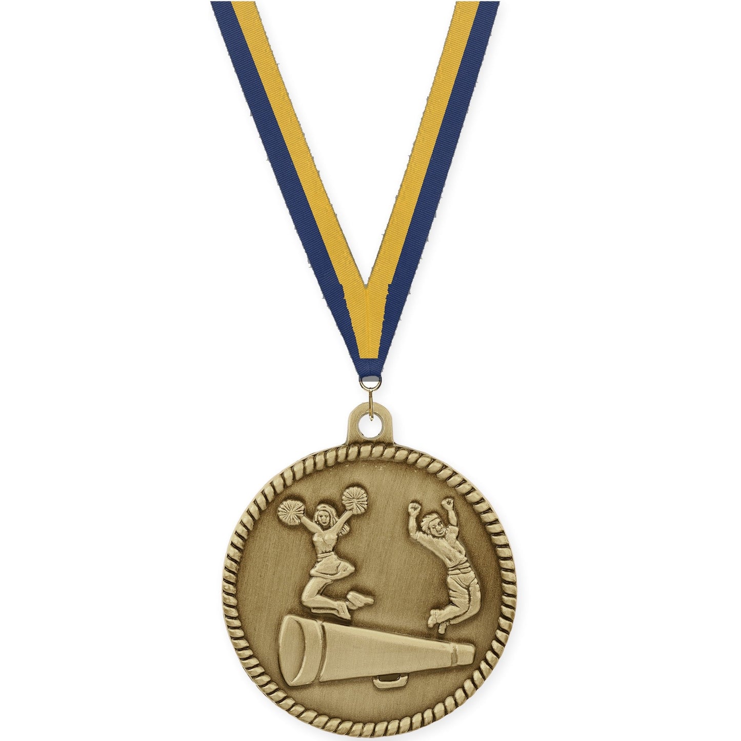 2 inch cheerleading High Relief medal in antique gold with Navy Gold neck ribbon