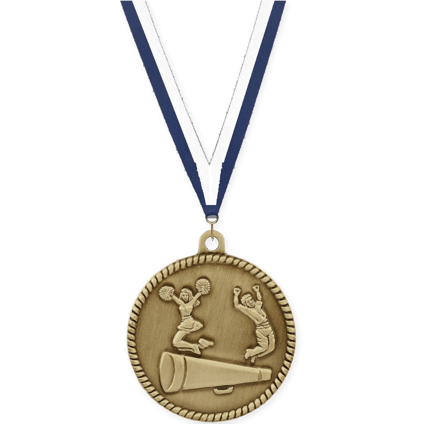 2 inch cheerleading High Relief medal in antique gold with Navy White neck ribbon