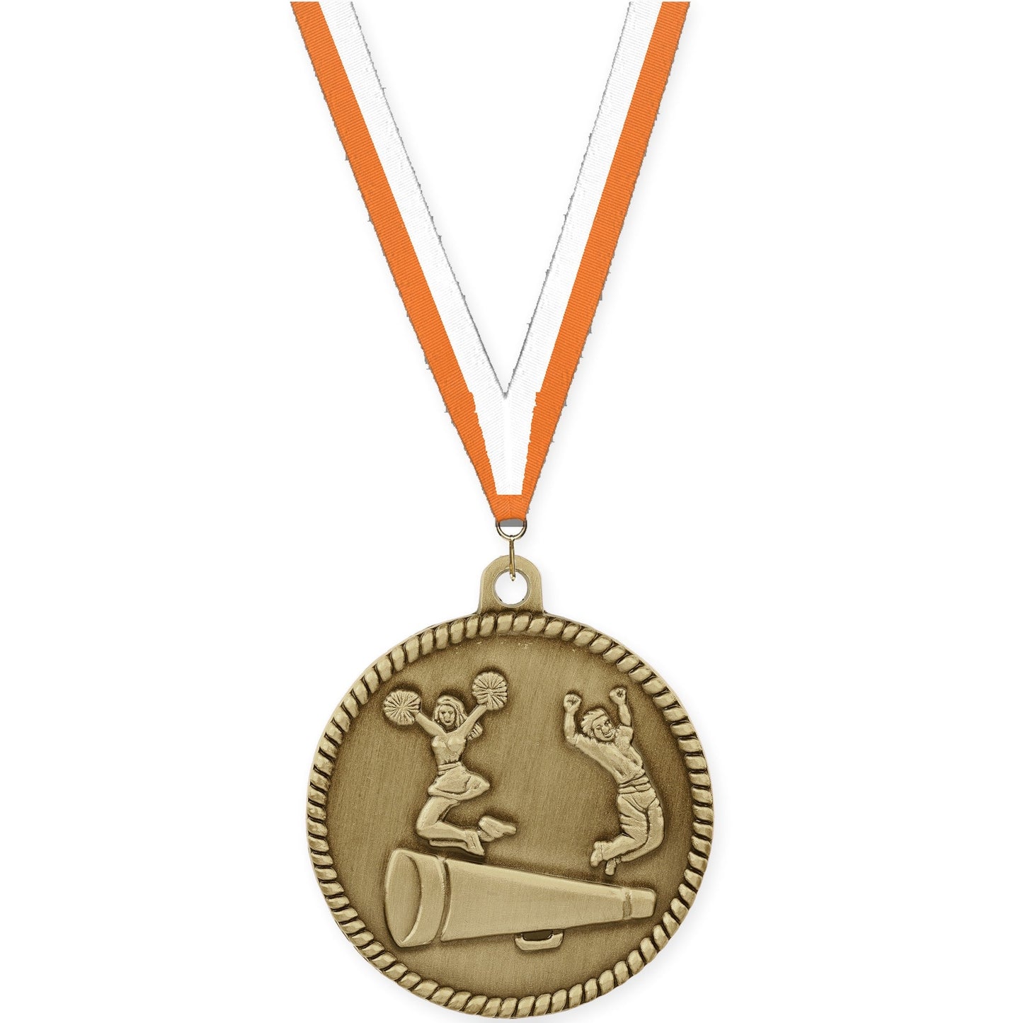 2 inch cheerleading High Relief medal in antique gold with Orange White neck ribbon