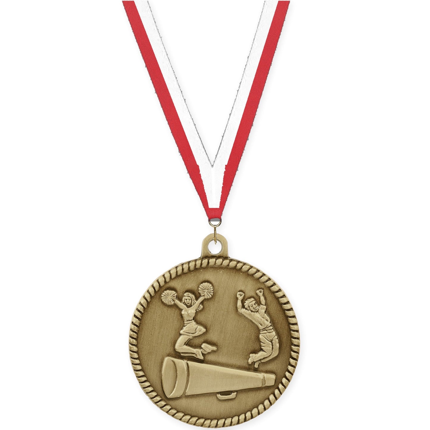 2 inch cheerleading High Relief medal in antique gold with Red White neck ribbon