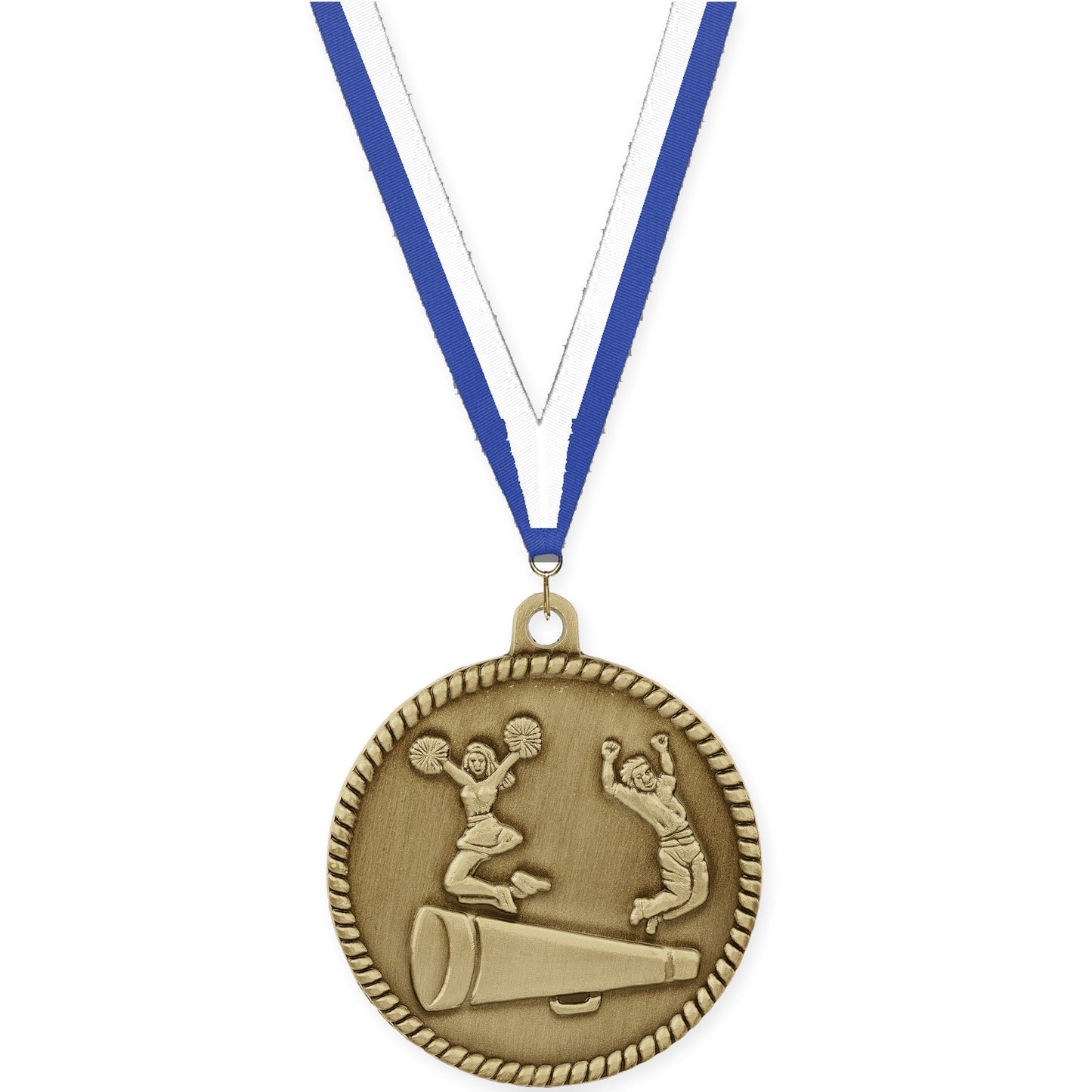 2 inch cheerleading High Relief medal in antique gold with Blue White neck ribbon