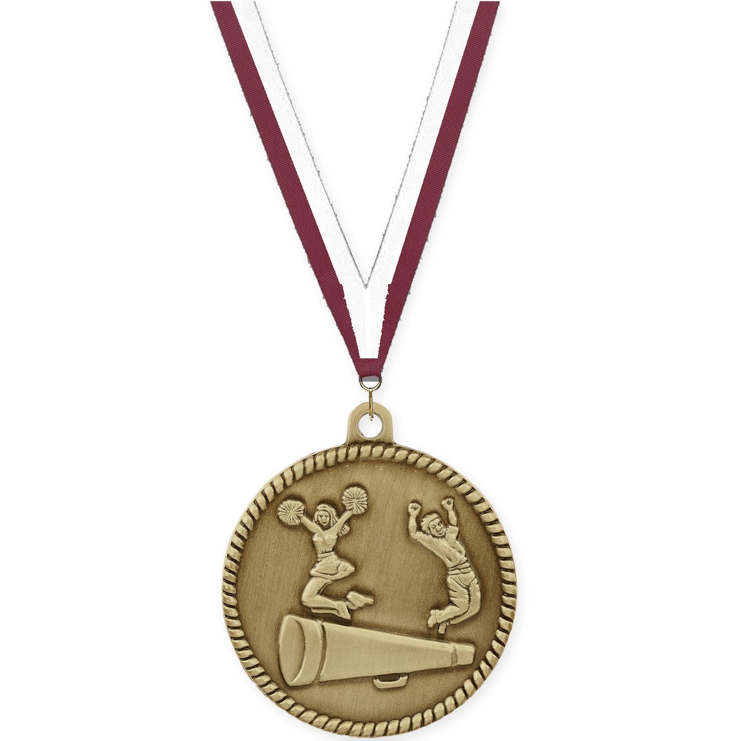 2 inch cheerleading High Relief medal in antique gold with Maroon White neck ribbon