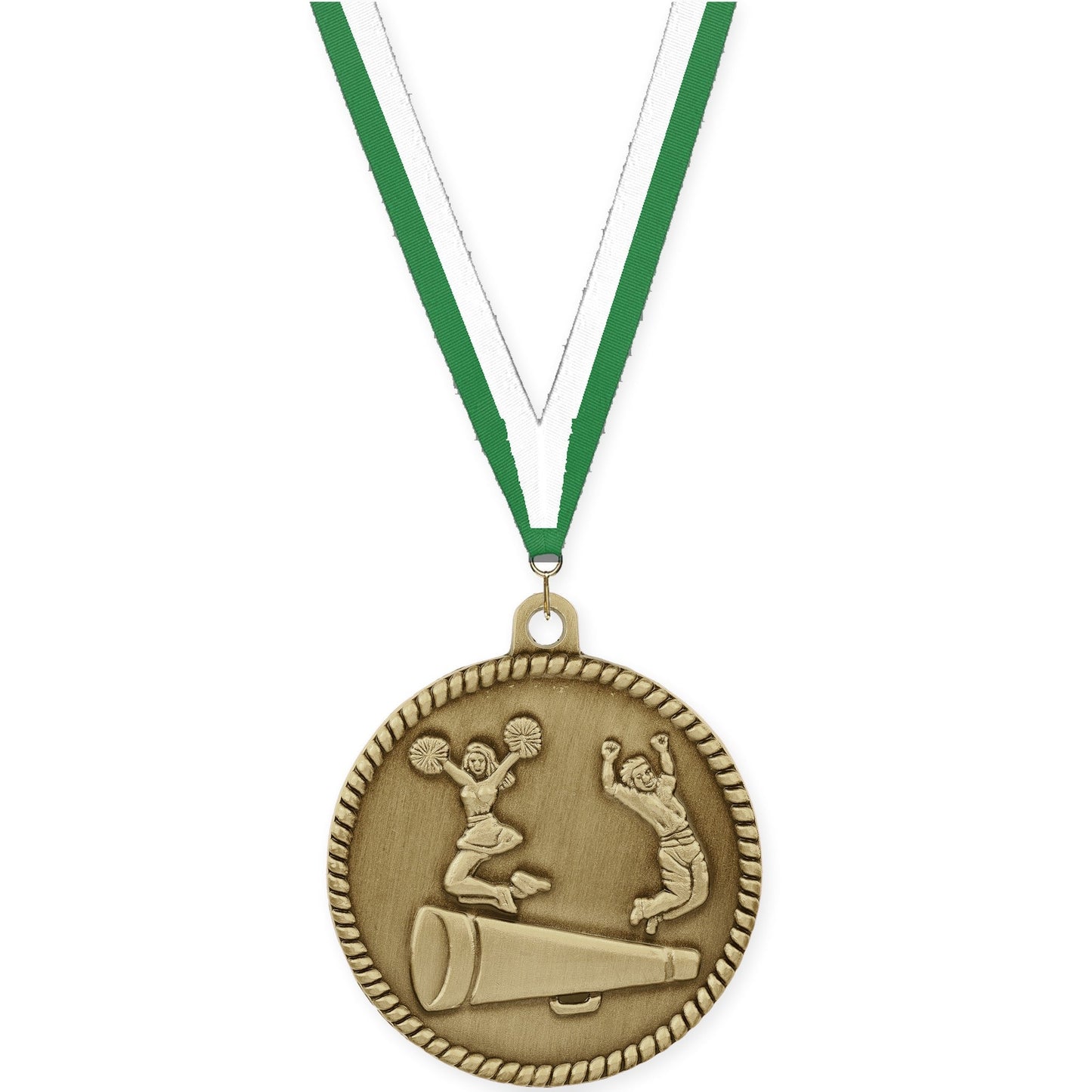 2 inch cheerleading High Relief medal in antique gold with Green White neck ribbon
