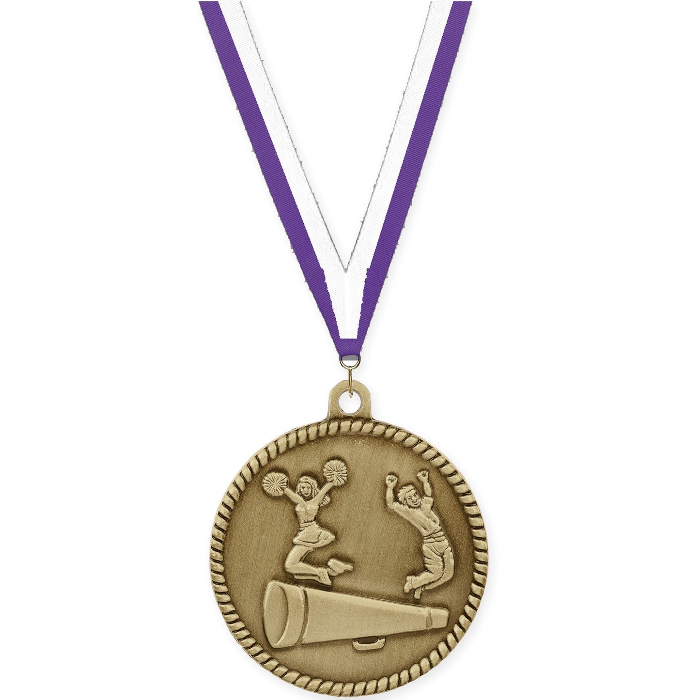 2 inch cheerleading High Relief medal in antique gold with Purple White neck ribbon