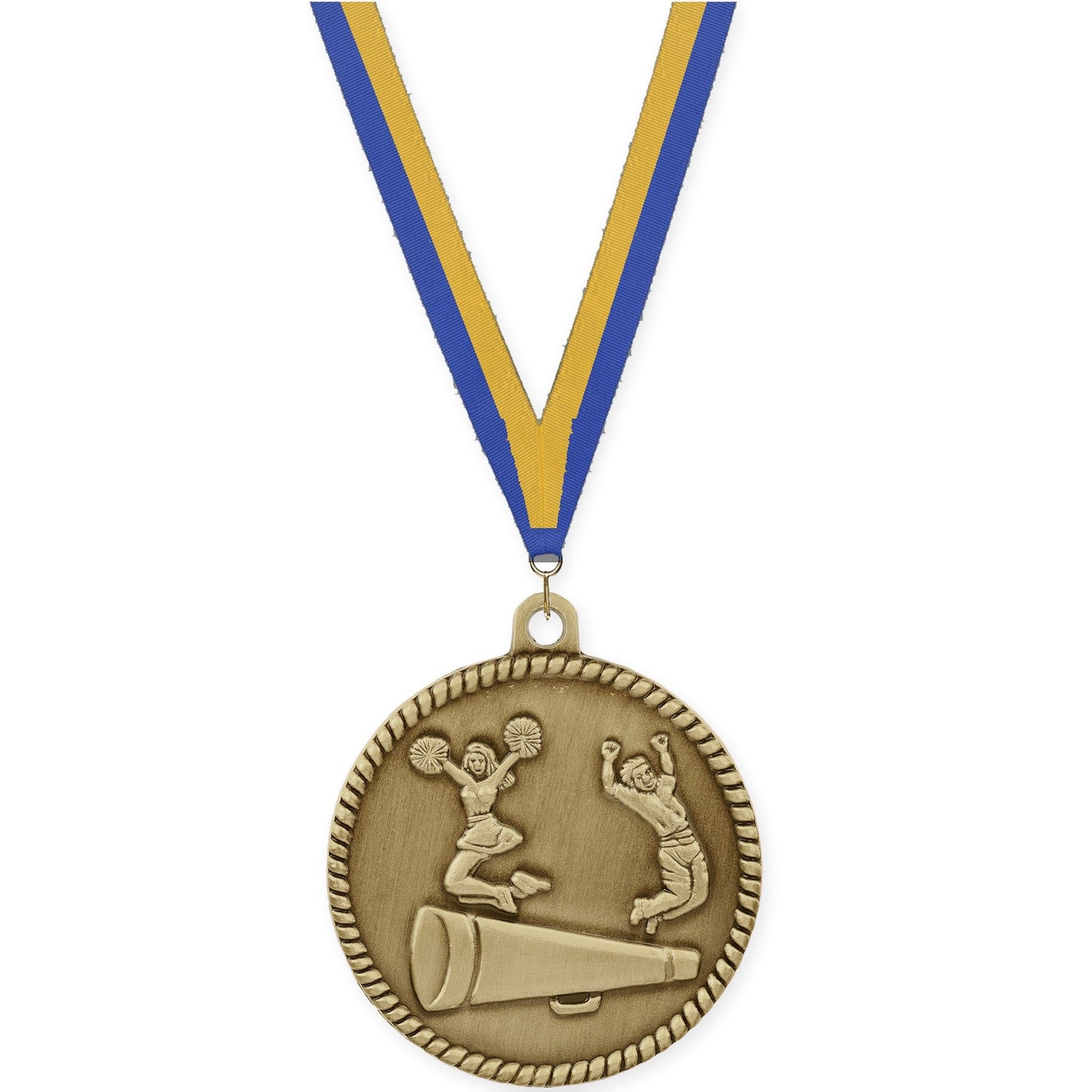 2 inch cheerleading High Relief medal in antique gold with Blue Gold neck ribbon