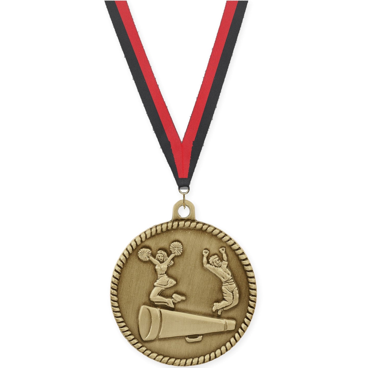 2 inch cheerleading High Relief medal in antique gold with Black Red neck ribbon