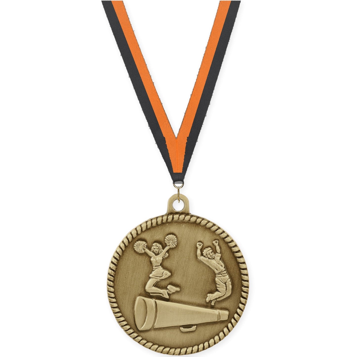 2 inch cheerleading High Relief medal in antique gold with Black Orange neck ribbon