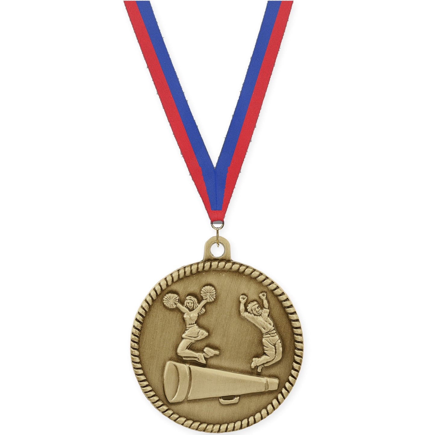 2 inch cheerleading High Relief medal in antique gold with Blue Red neck ribbon