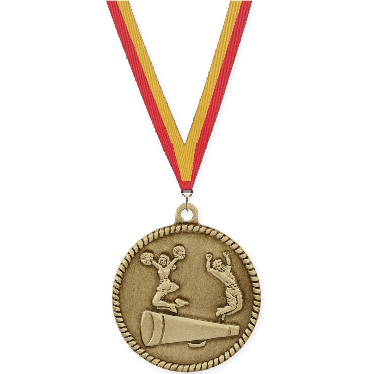 2 inch cheerleading High Relief medal in antique gold with Red Gold neck ribbon