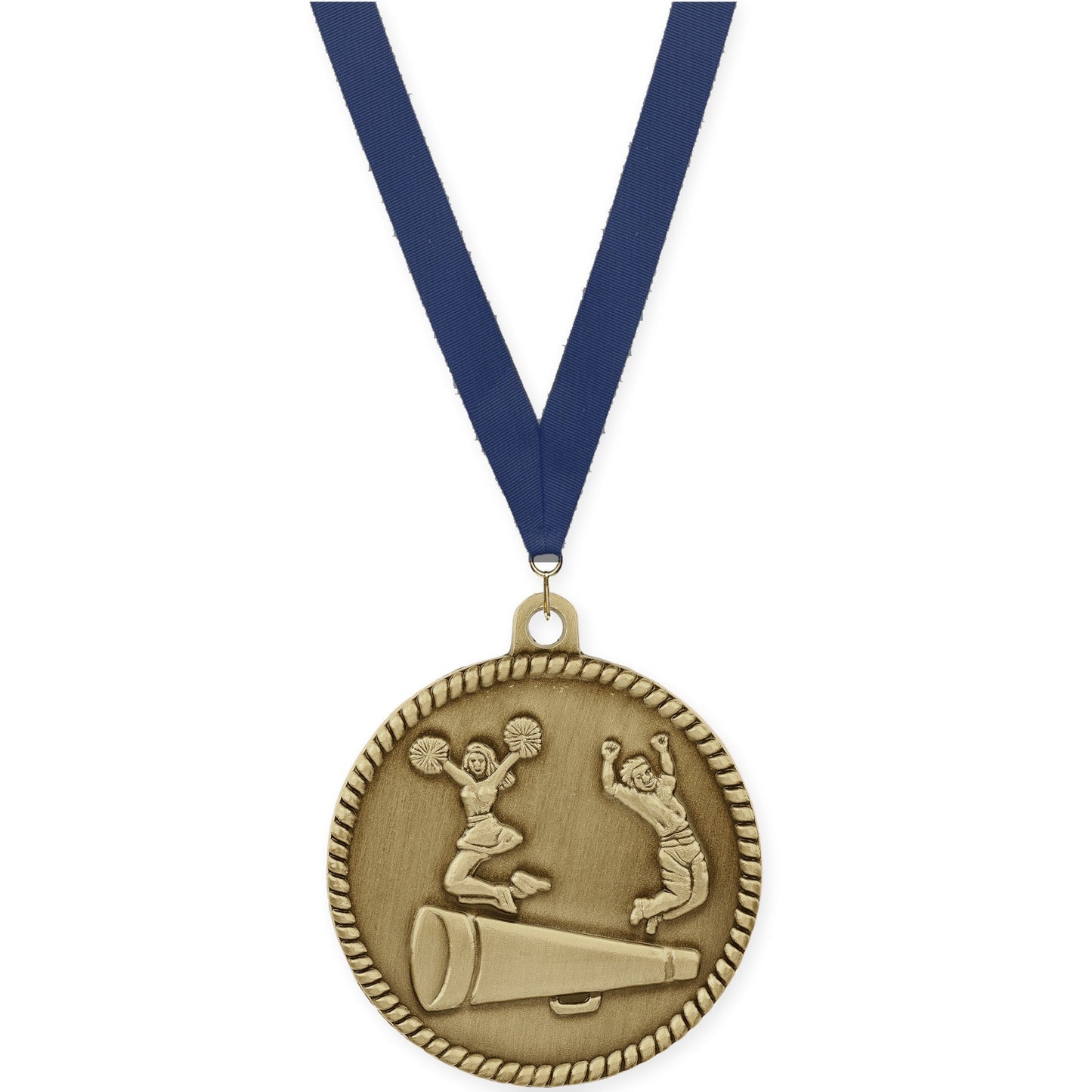 2 inch cheerleading High Relief medal in antique gold with Navy neck ribbon