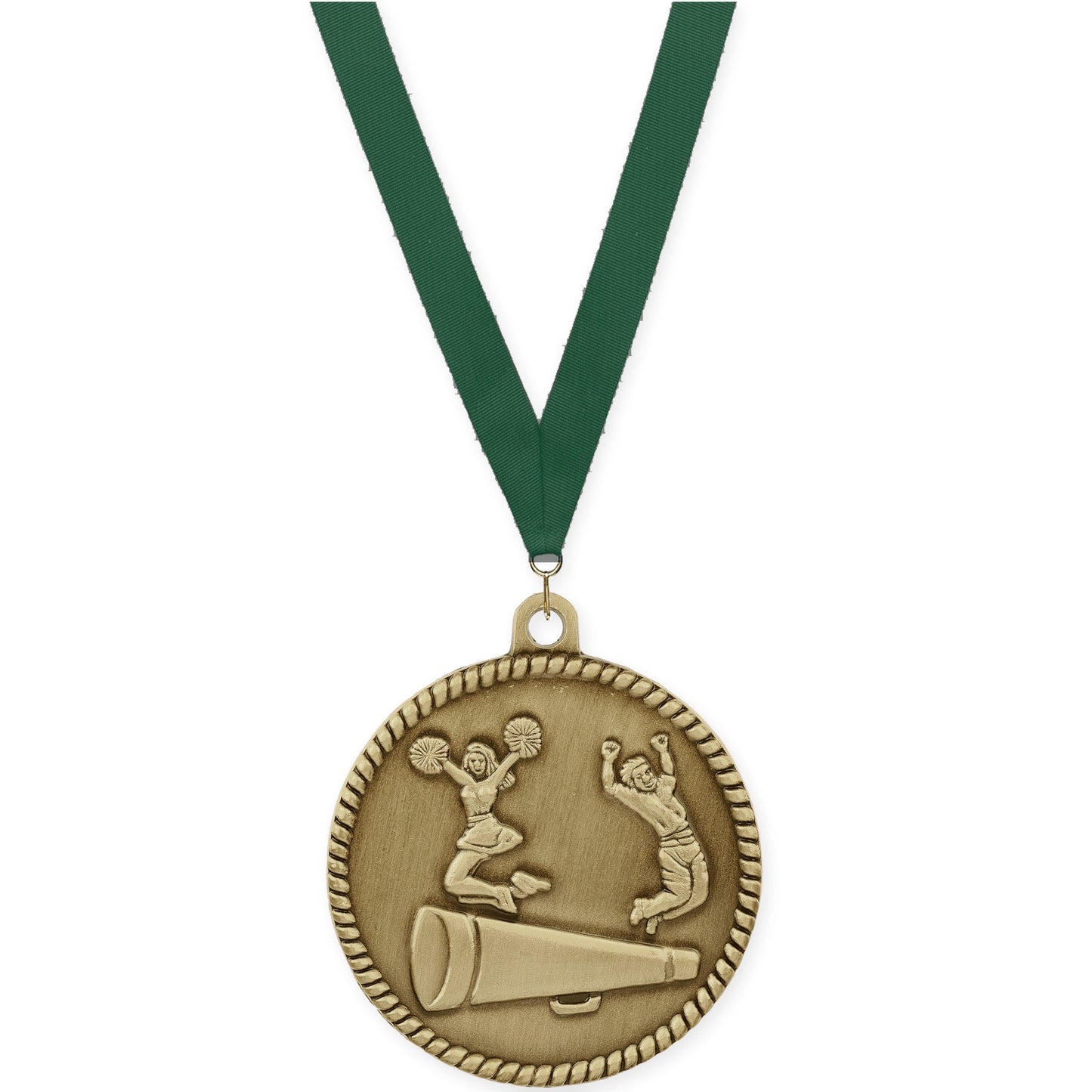 2 inch cheerleading High Relief medal in antique gold with Hunter Green neck ribbon