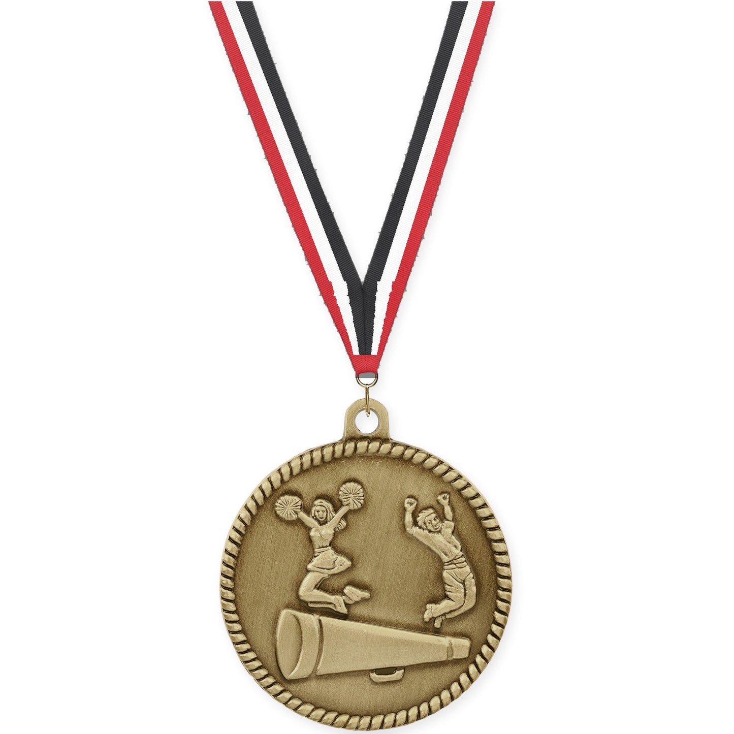 2 inch cheerleading High Relief medal in antique gold with Red White Black neck ribbon