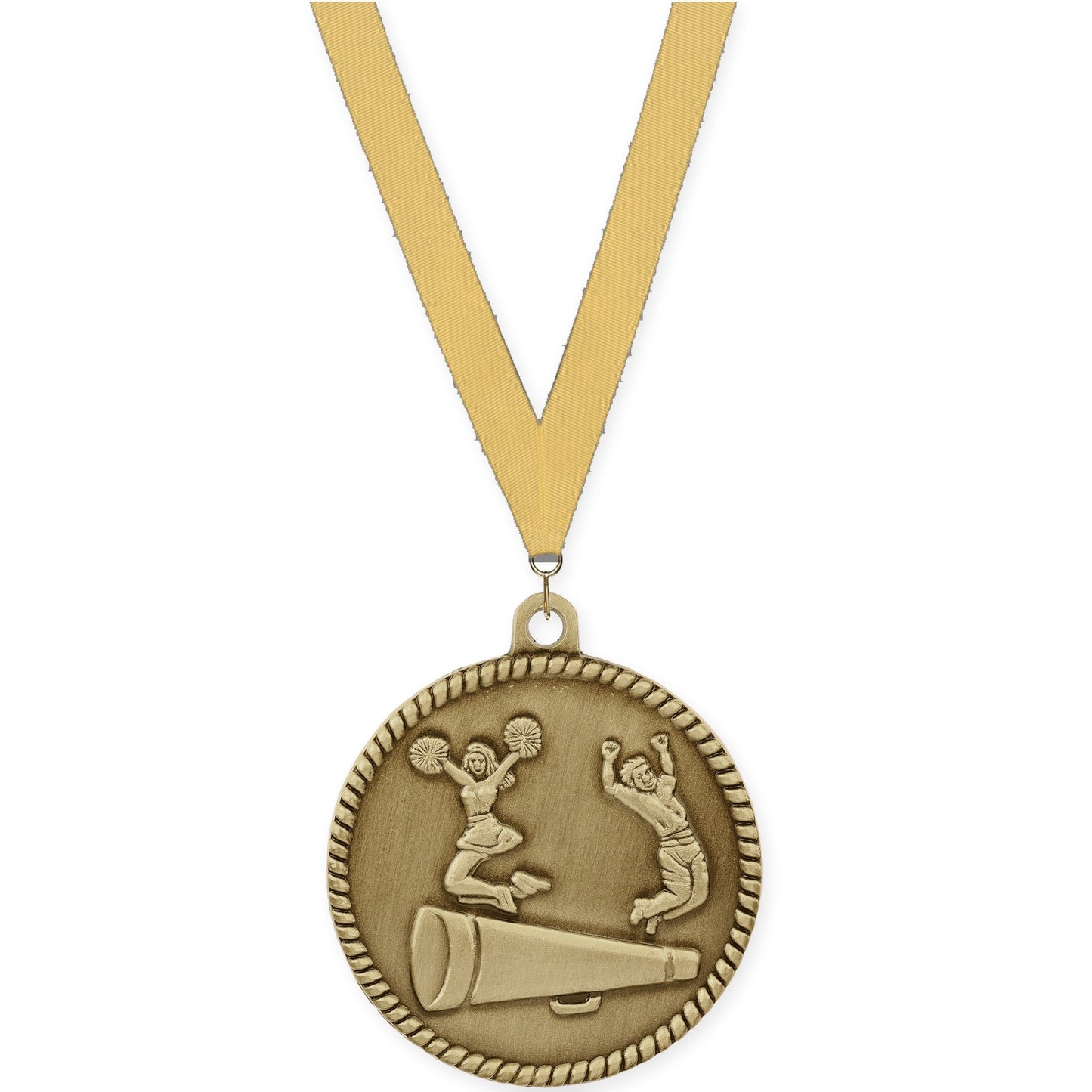 2 inch cheerleading High Relief medal in antique gold with Gold Metallic neck ribbon