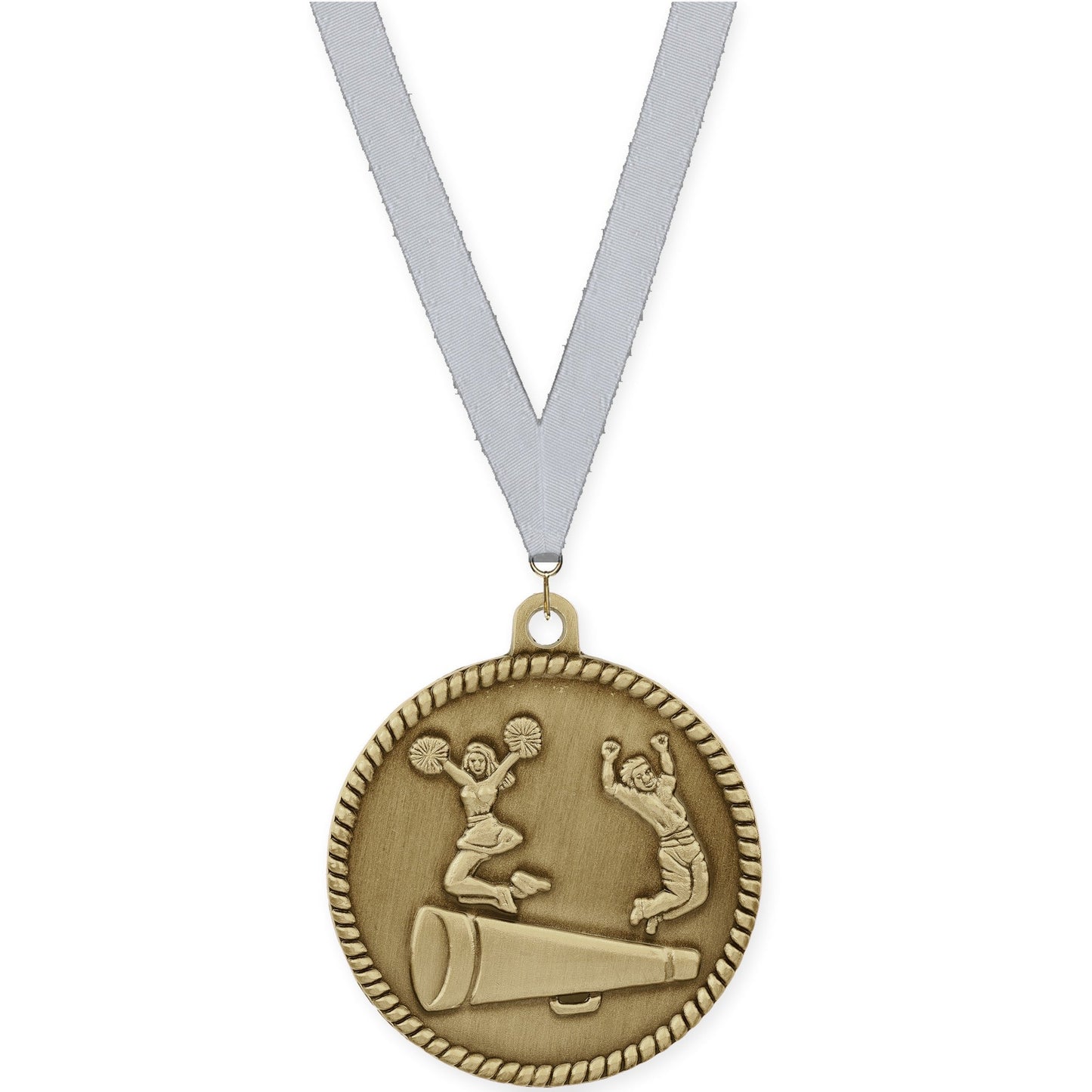 2 inch cheerleading High Relief medal in antique gold with Silver Metallic neck ribbon