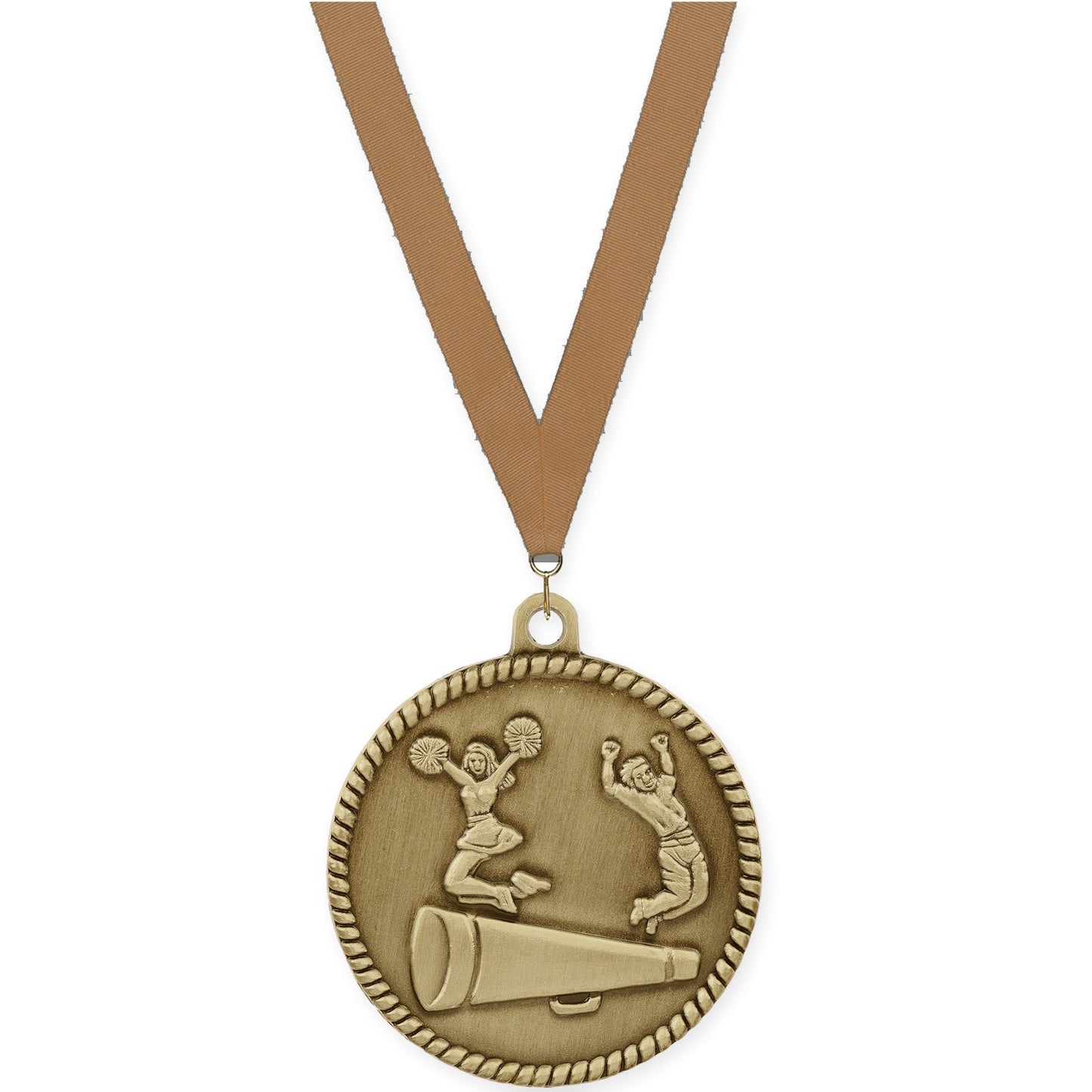 2 inch cheerleading High Relief medal in antique gold with Bronze Metallic neck ribbon