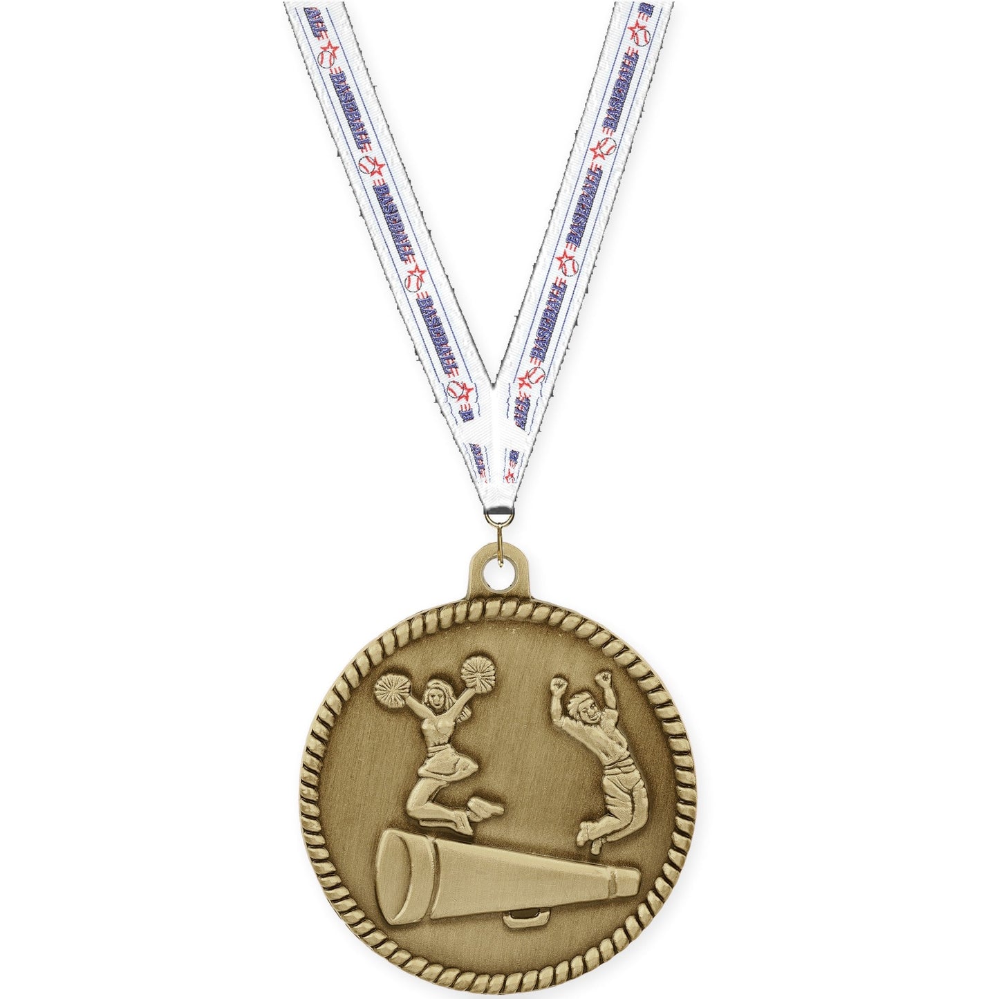 2 inch cheerleading High Relief medal in antique gold with Baseball neck ribbon