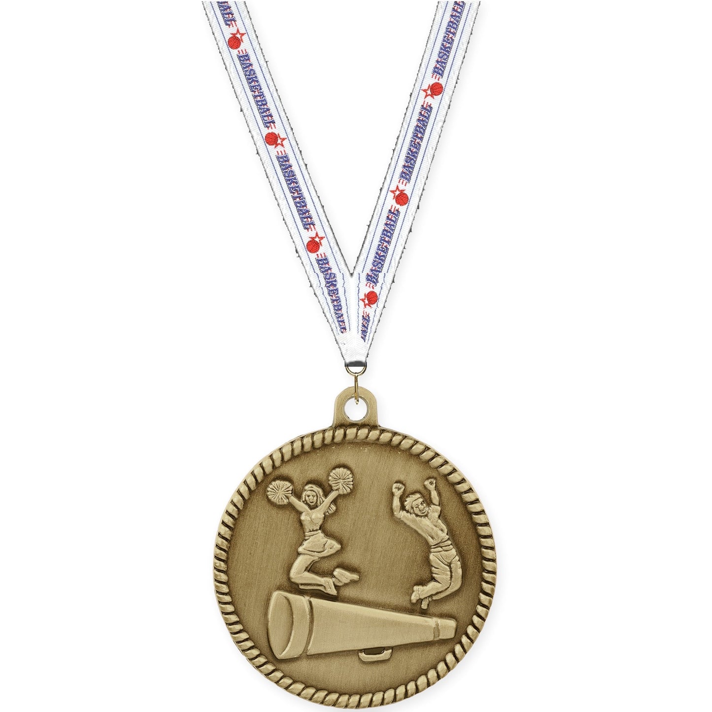 2 inch cheerleading High Relief medal in antique gold with Basketball neck ribbon