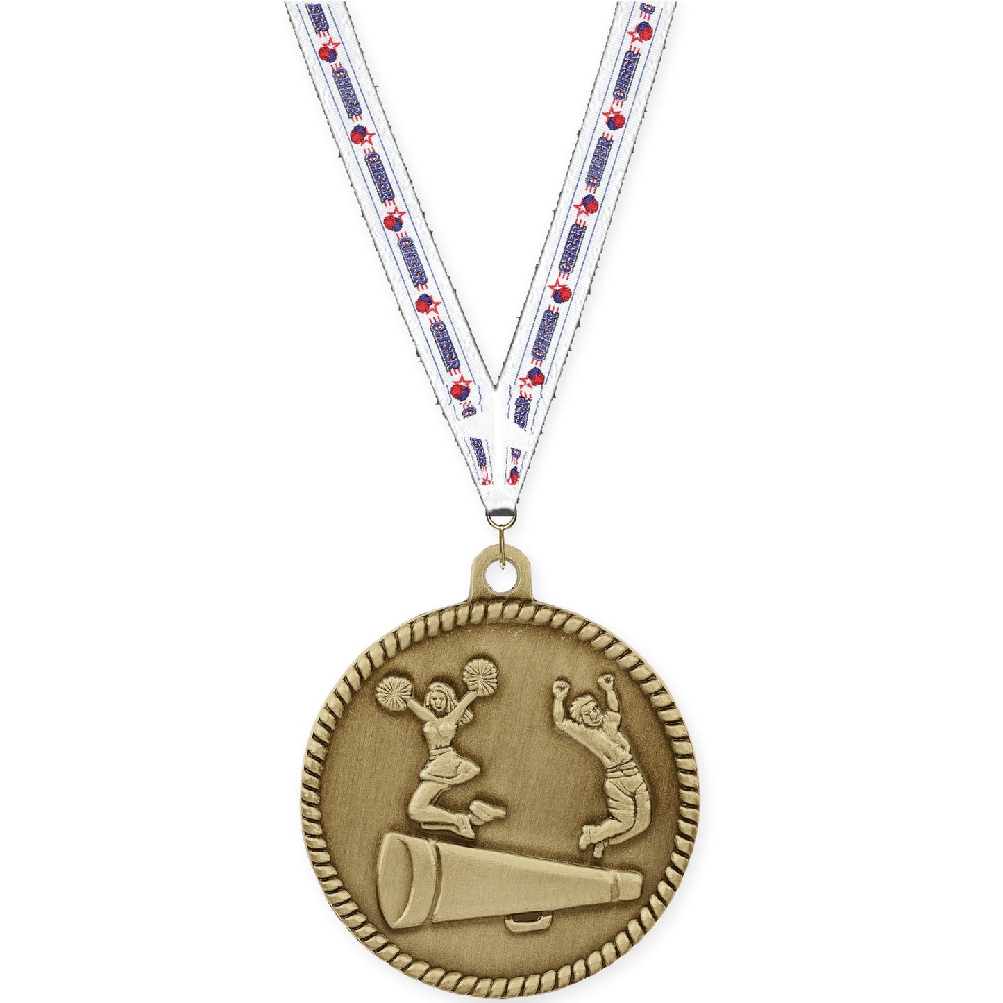 2 inch cheerleading High Relief medal in antique gold with Cheerleading neck ribbon