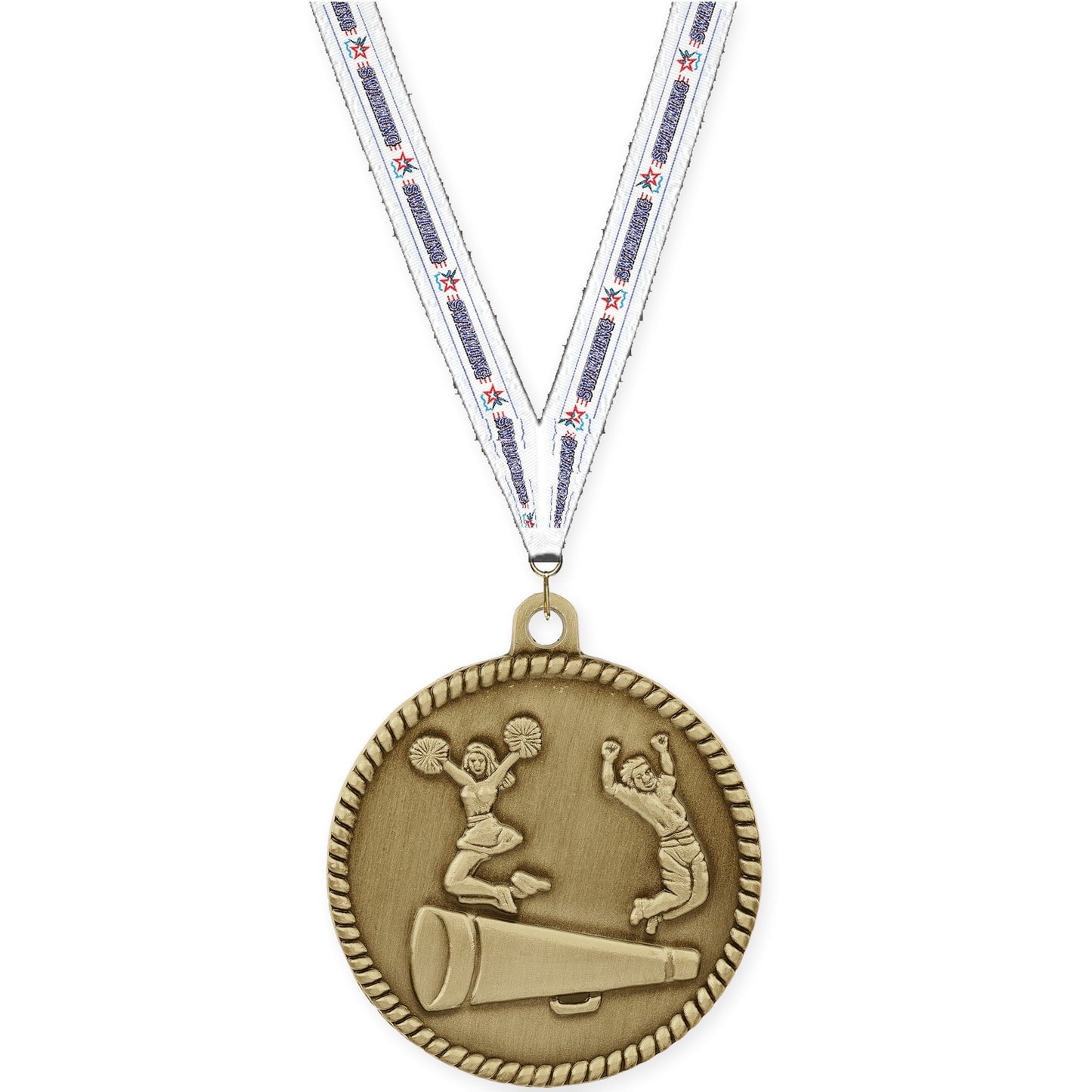 2 inch cheerleading High Relief medal in antique gold with Swimming neck ribbon