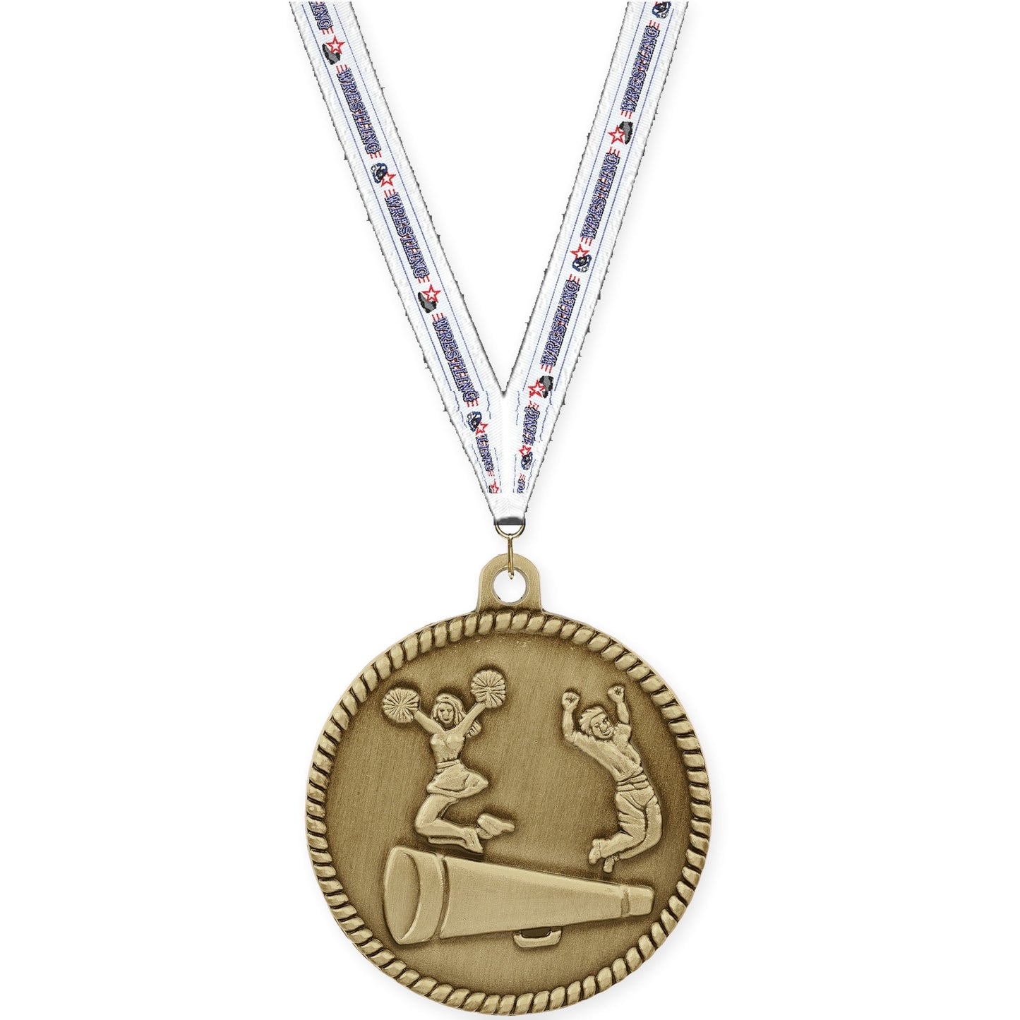 2 inch cheerleading High Relief medal in antique gold with Wrestling neck ribbon