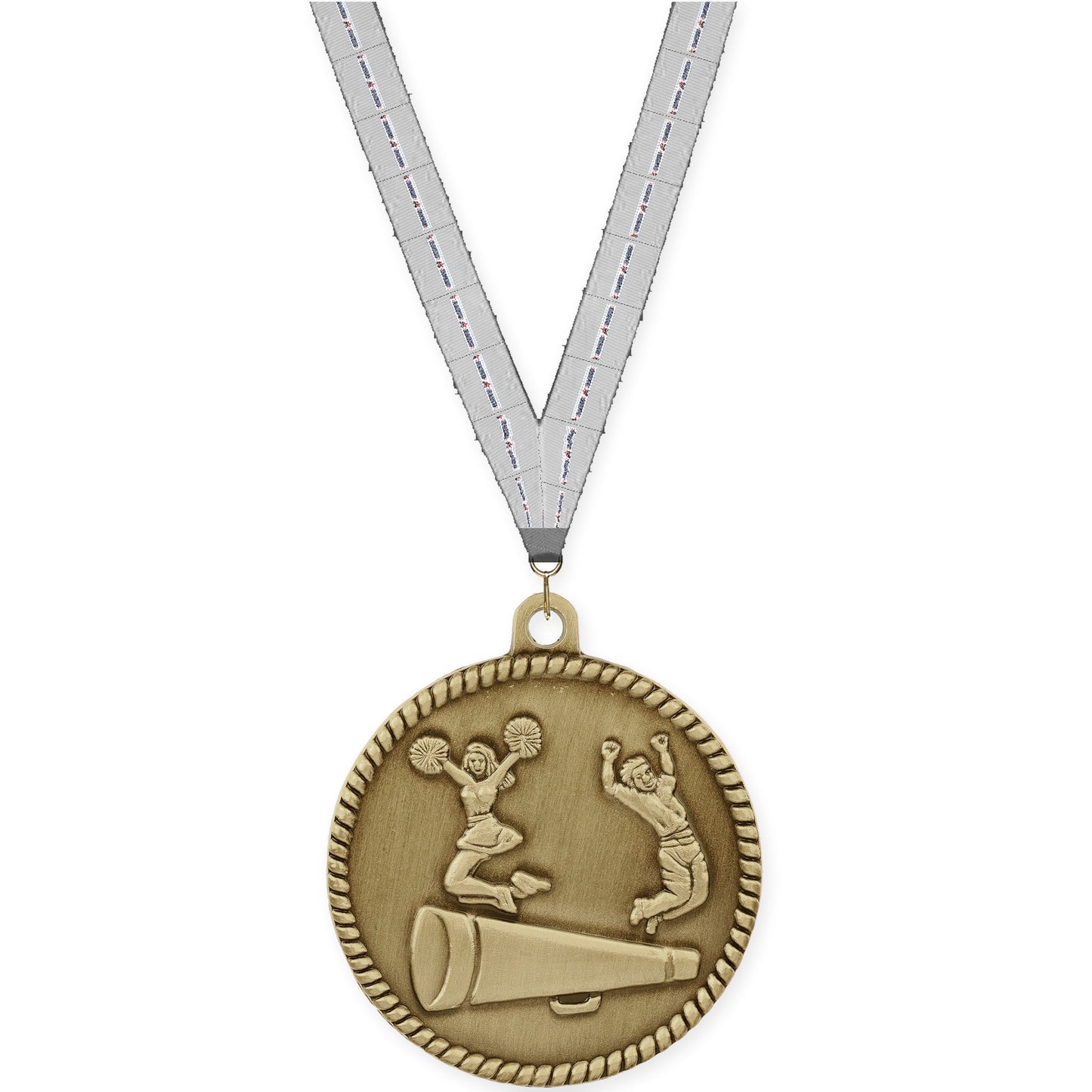 2 inch cheerleading High Relief medal in antique gold with Auto Racing neck ribbon