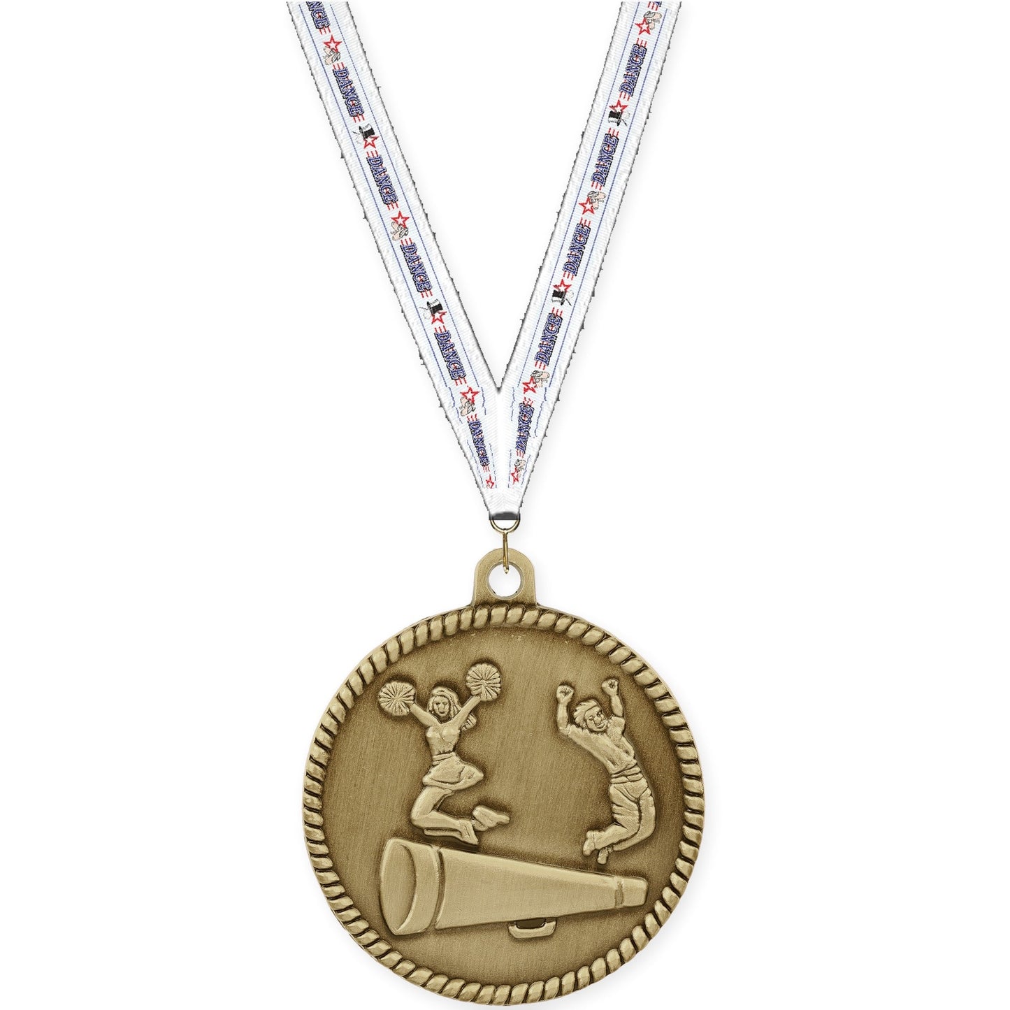 2 inch cheerleading High Relief medal in antique gold with Dance neck ribbon