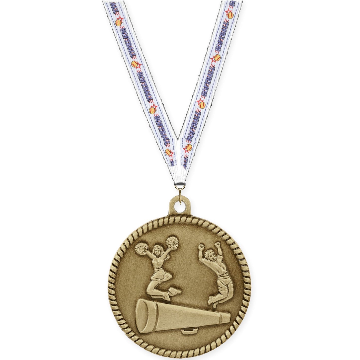 2 inch cheerleading High Relief medal in antique gold with Softball neck ribbon