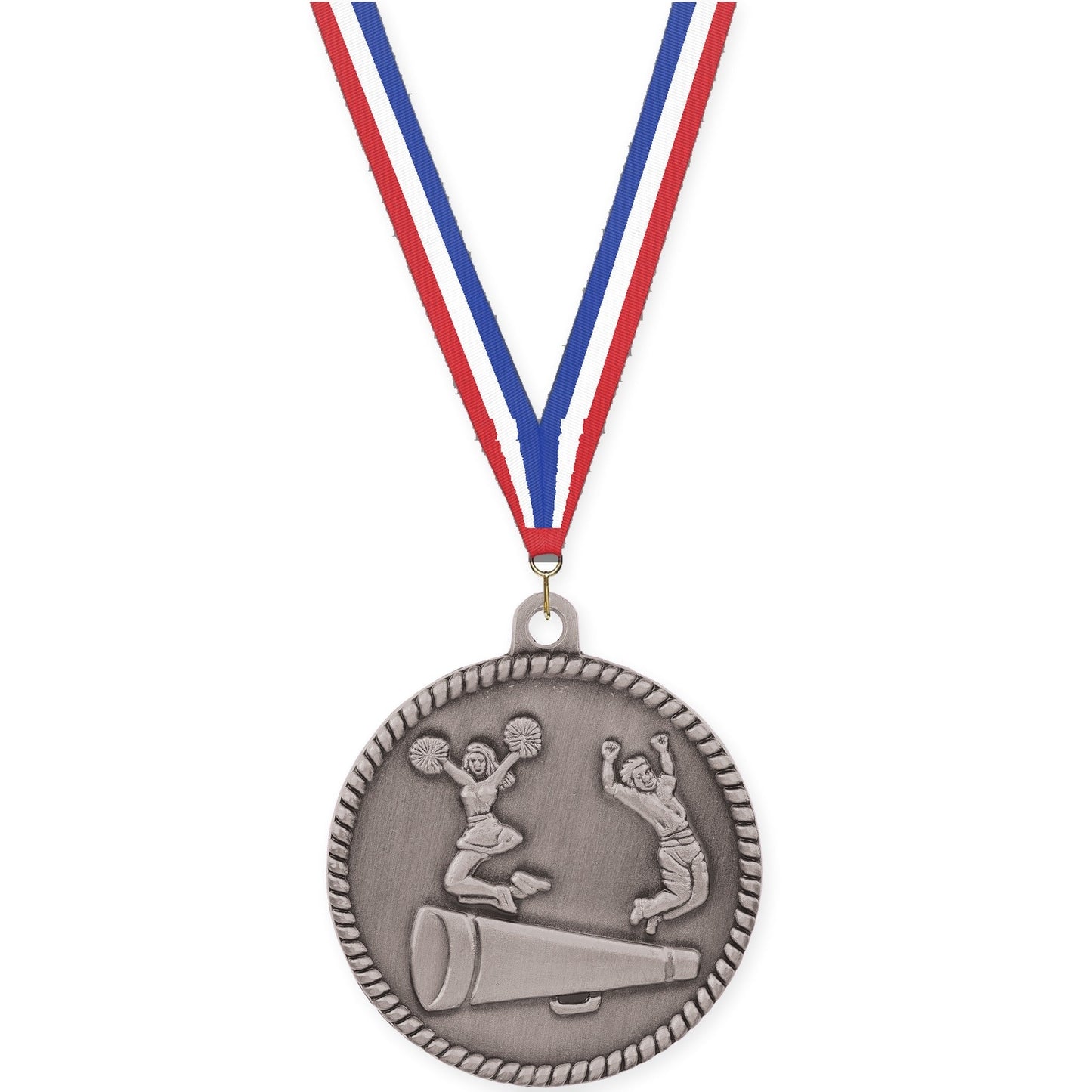 2 inch cheerleading High Relief medal in antique silver with Red White Blue neck ribbon