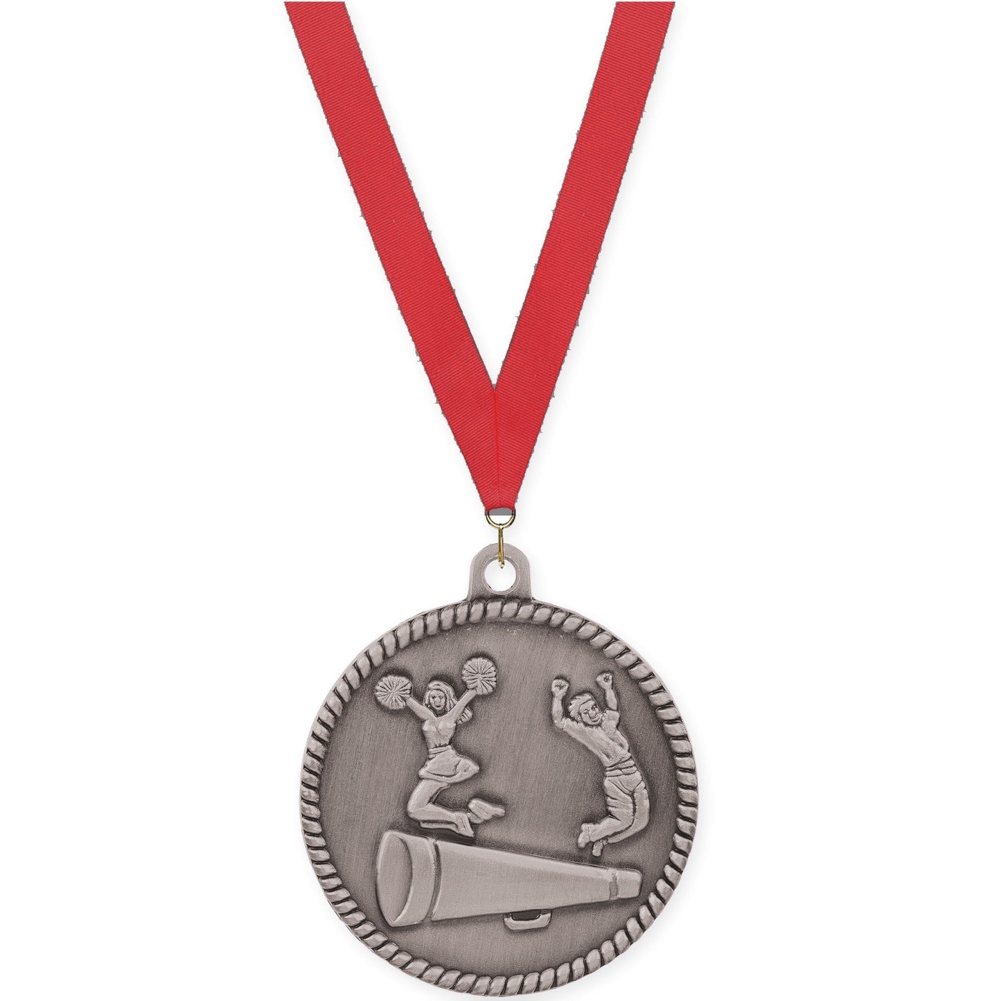 2 inch cheerleading High Relief medal in antique silver with Red neck ribbon