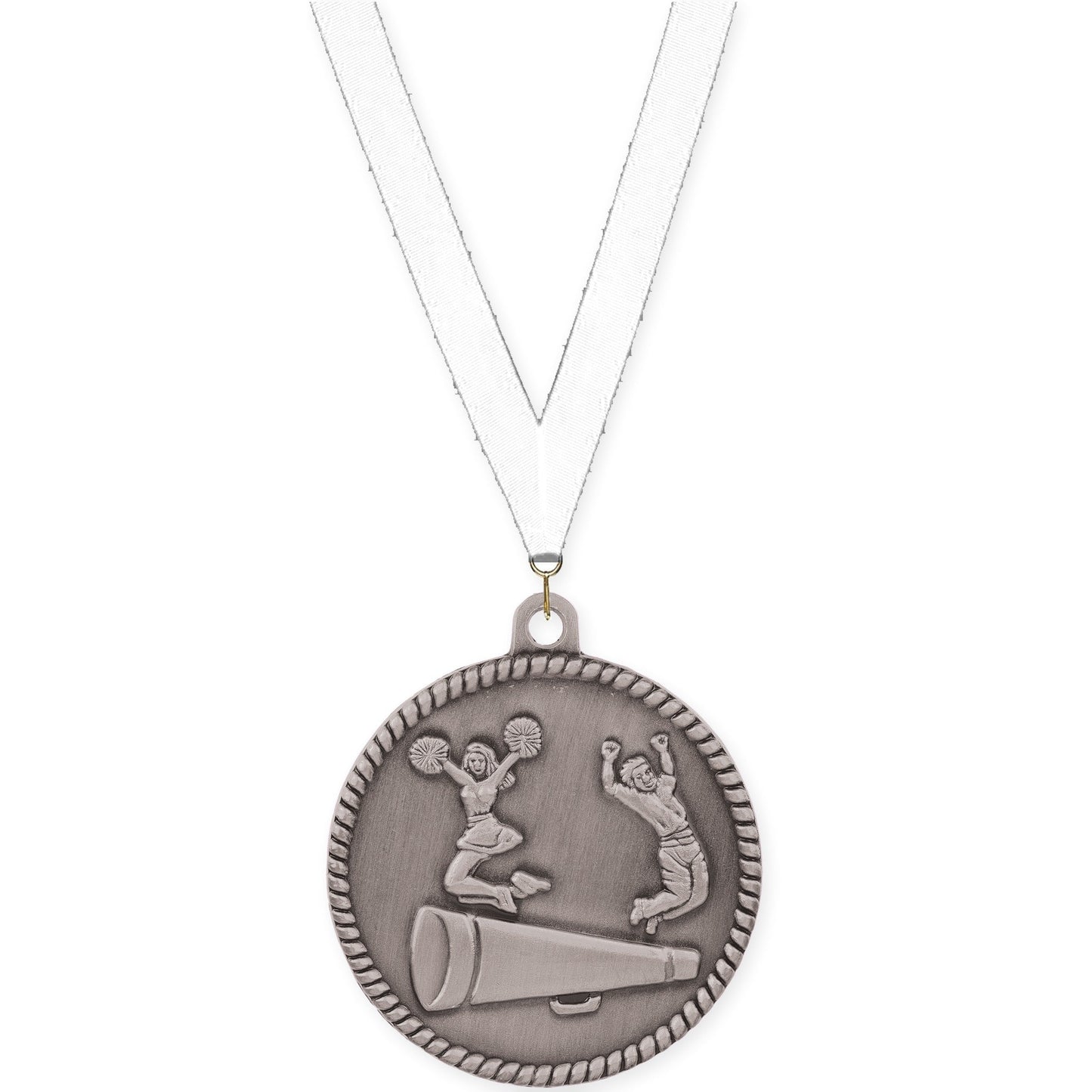 2 inch cheerleading High Relief medal in antique silver with White neck ribbon