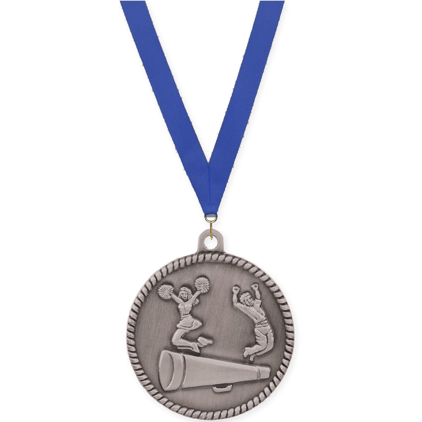 2 inch cheerleading High Relief medal in antique silver with Blue neck ribbon