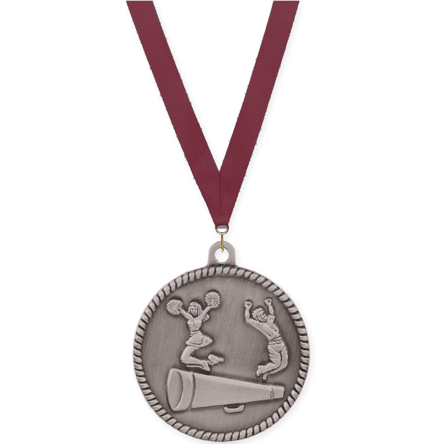 2 inch cheerleading High Relief medal in antique silver with Maroon neck ribbon