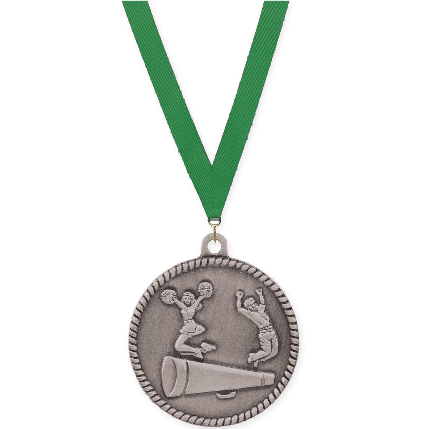 2 inch cheerleading High Relief medal in antique silver with Green neck ribbon