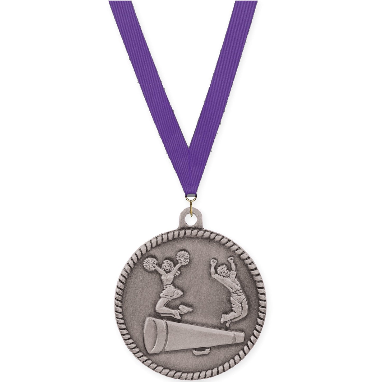 2 inch cheerleading High Relief medal in antique silver with Purple neck ribbon