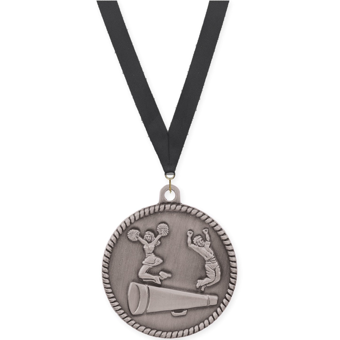 2 inch cheerleading High Relief medal in antique silver with Black neck ribbon