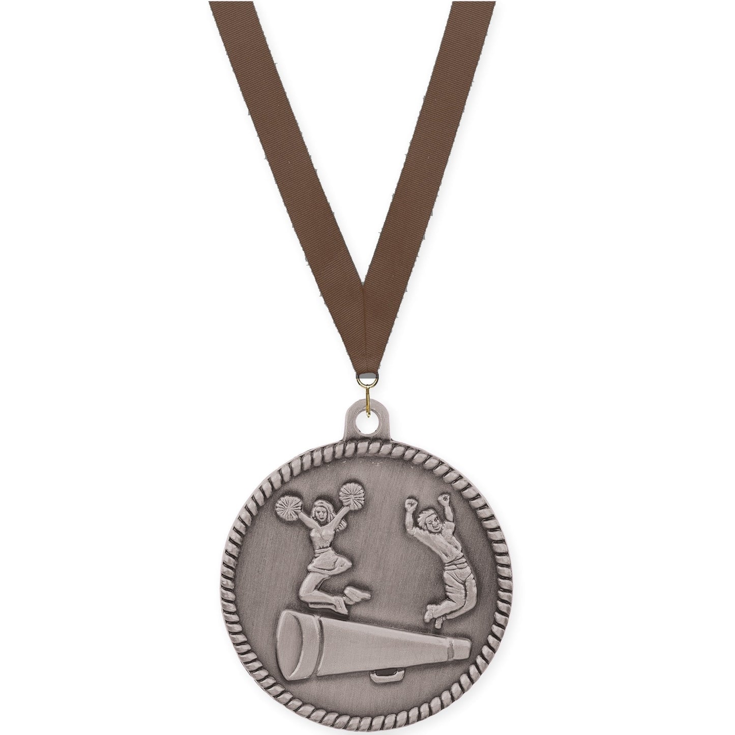 2 inch cheerleading High Relief medal in antique silver with Brown neck ribbon