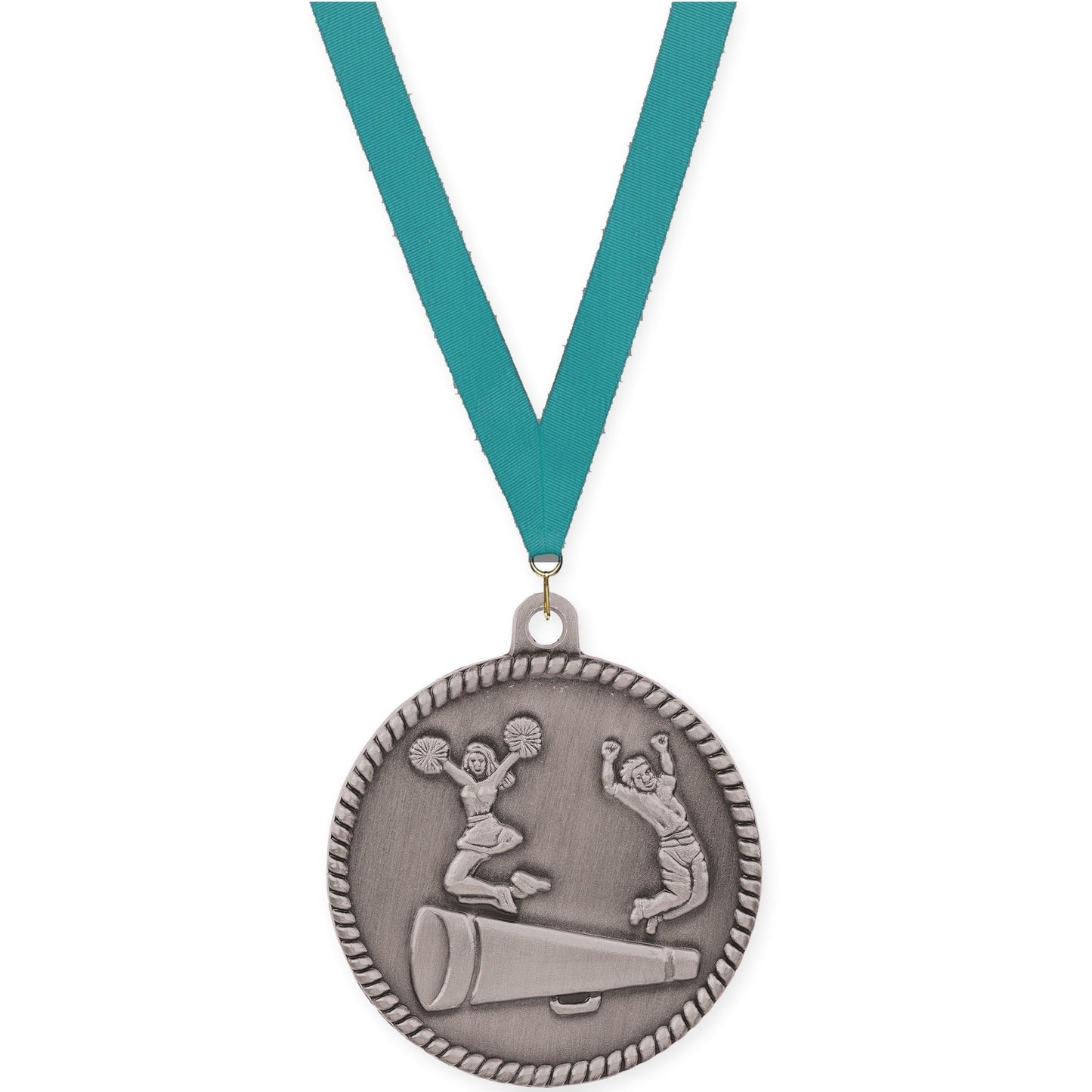 2 inch cheerleading High Relief medal in antique silver with Teal neck ribbon
