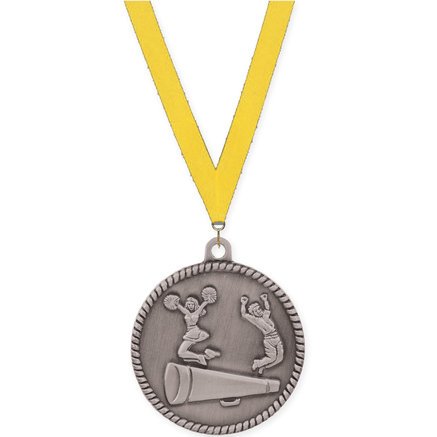 2 inch cheerleading High Relief medal in antique silver with Yellow neck ribbon