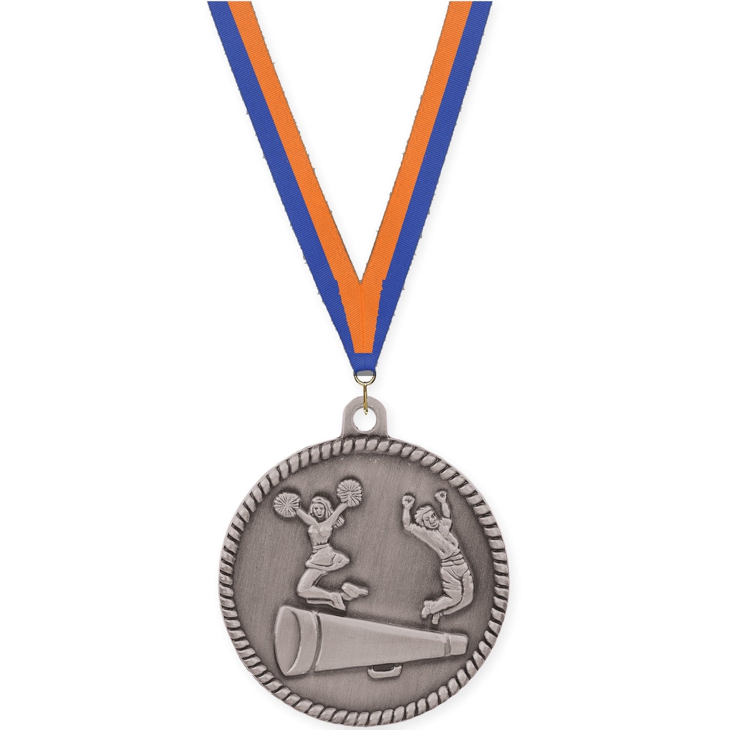 2 inch cheerleading High Relief medal in antique silver with Blue Orange neck ribbon
