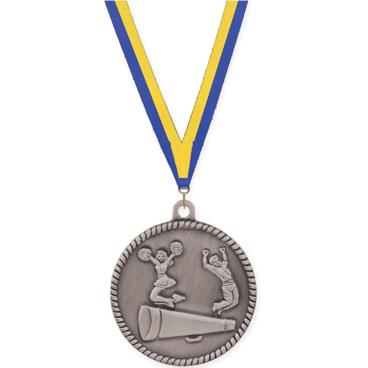 2 inch cheerleading High Relief medal in antique silver with Blue Yellow neck ribbon