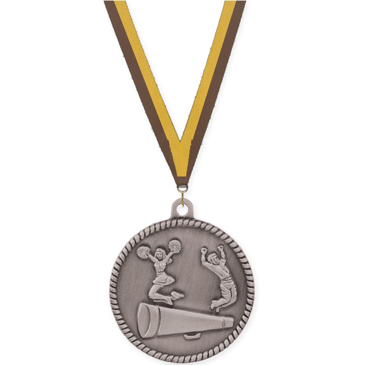 2 inch cheerleading High Relief medal in antique silver with Brown Gold neck ribbon