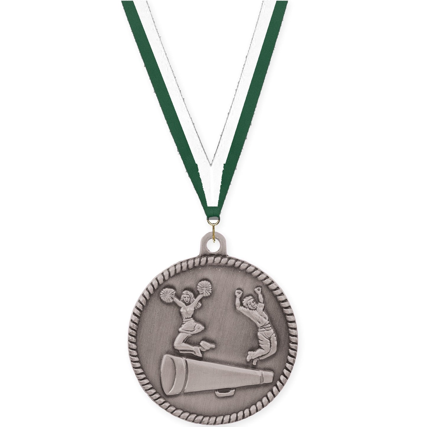 2 inch cheerleading High Relief medal in antique silver with Hunter Green White neck ribbon