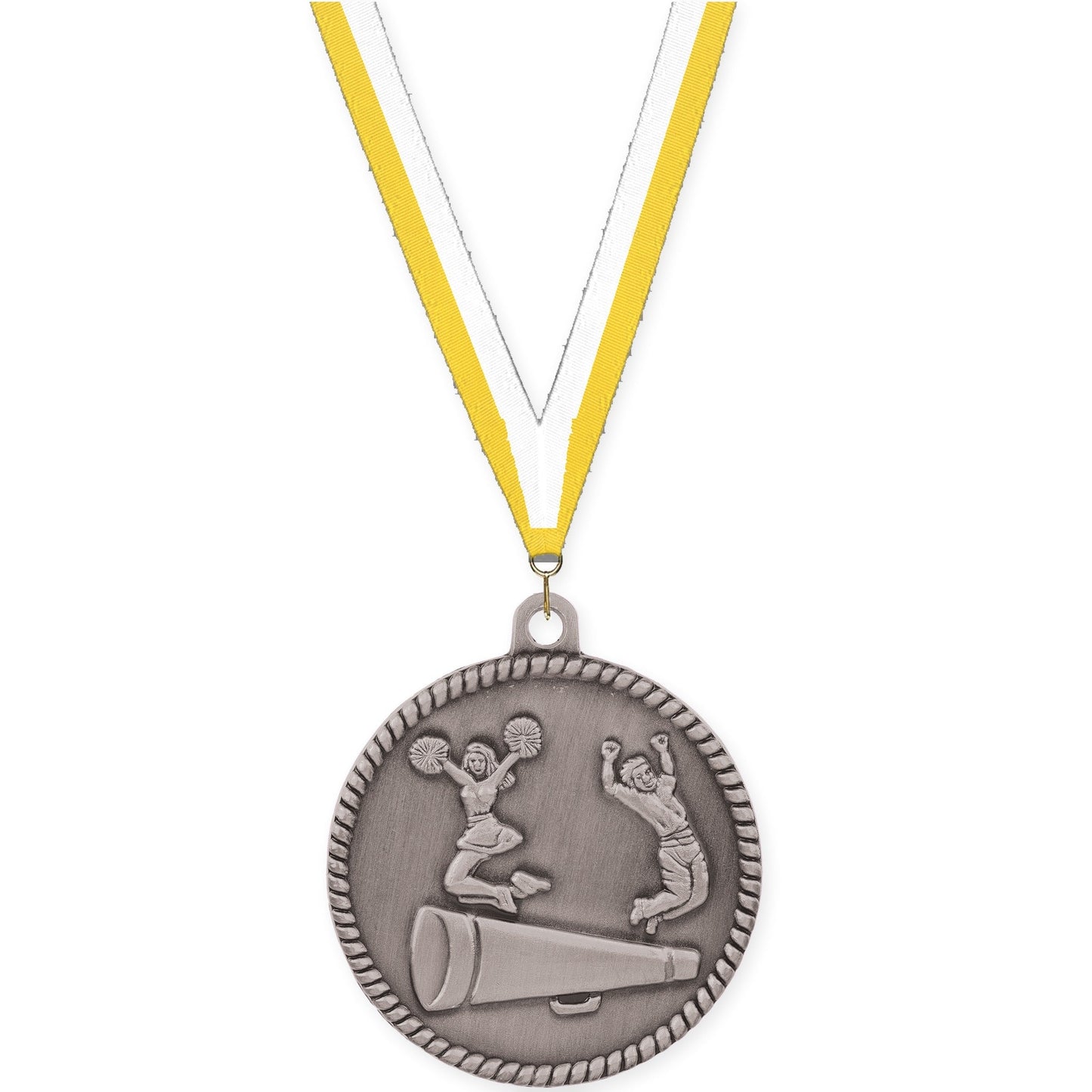 2 inch cheerleading High Relief medal in antique silver with Yellow White neck ribbon