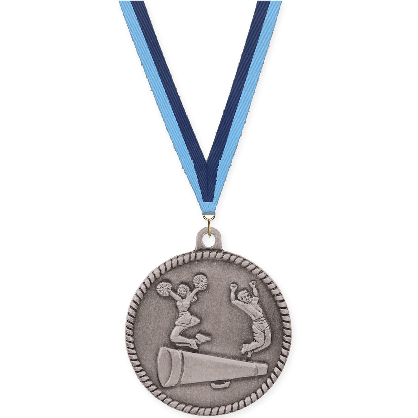 2 inch cheerleading High Relief medal in antique silver with Light Blue Navy neck ribbon