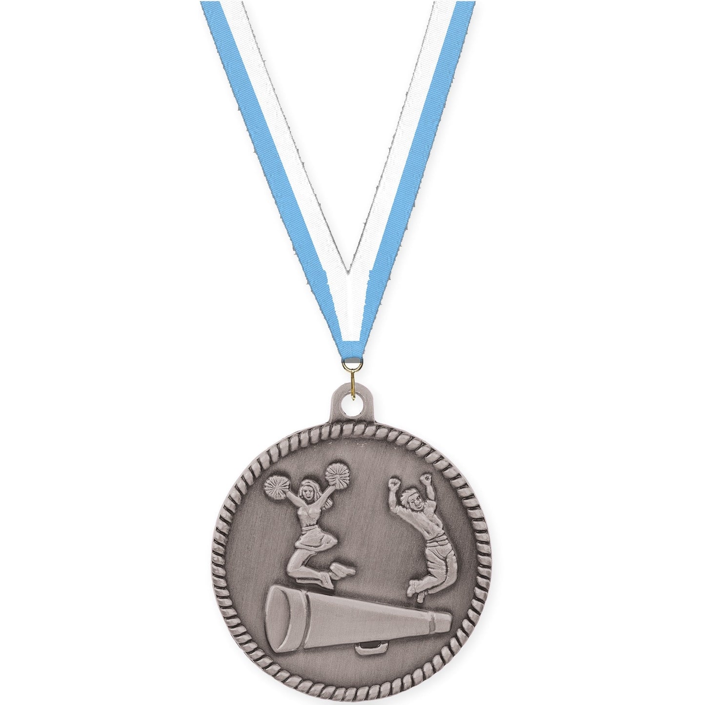 2 inch cheerleading High Relief medal in antique silver with Light Blue White neck ribbon