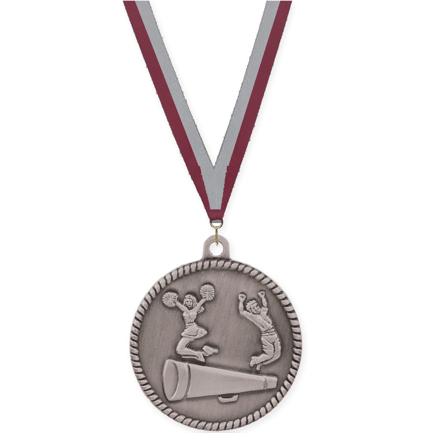 2 inch cheerleading High Relief medal in antique silver with Maroon Gray neck ribbon