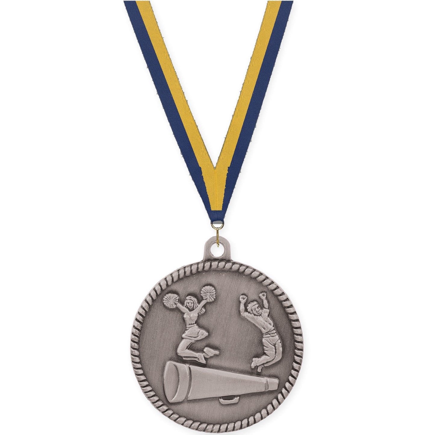 2 inch cheerleading High Relief medal in antique silver with Navy Gold neck ribbon