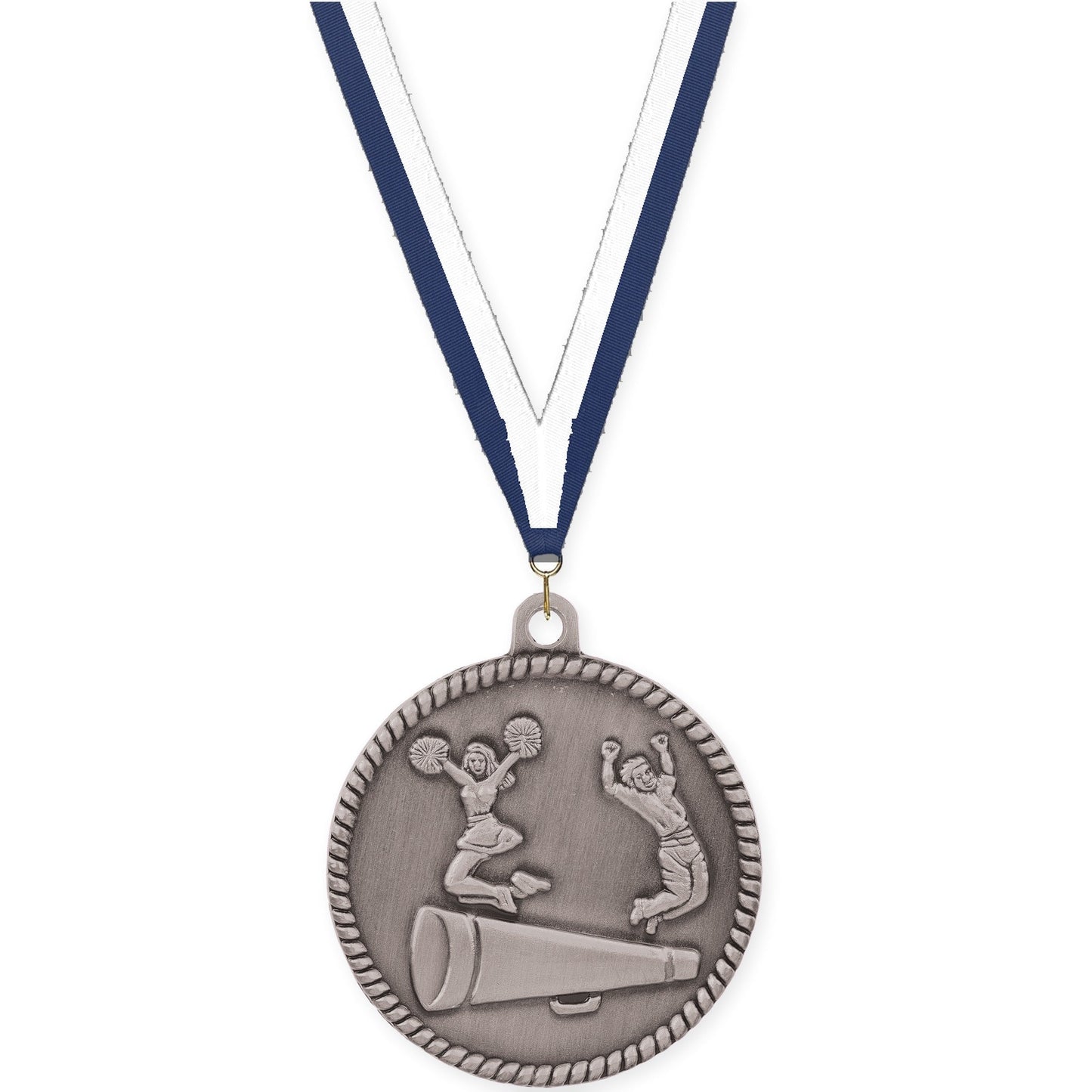 2 inch cheerleading High Relief medal in antique silver with Navy White neck ribbon
