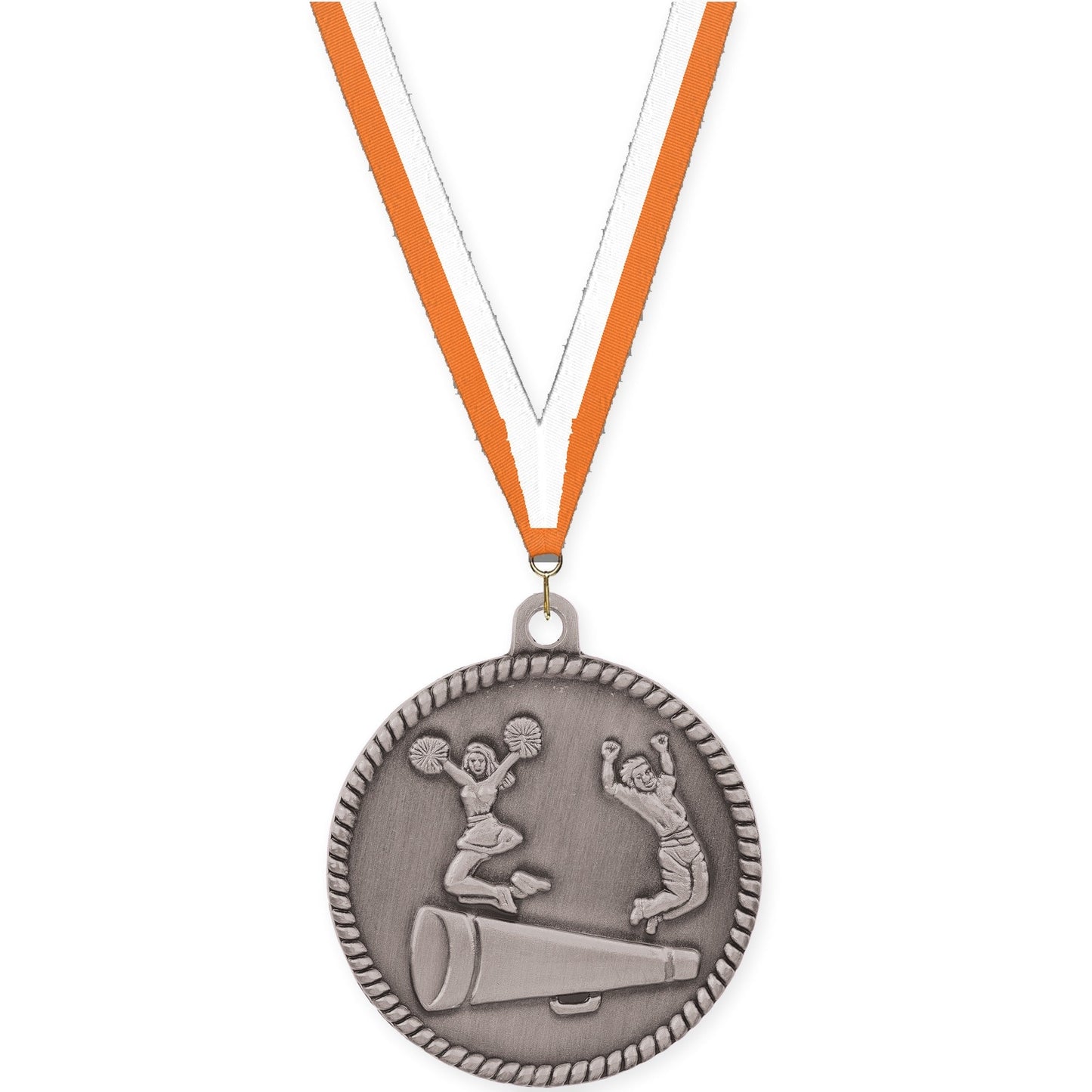 2 inch cheerleading High Relief medal in antique silver with Orange White neck ribbon