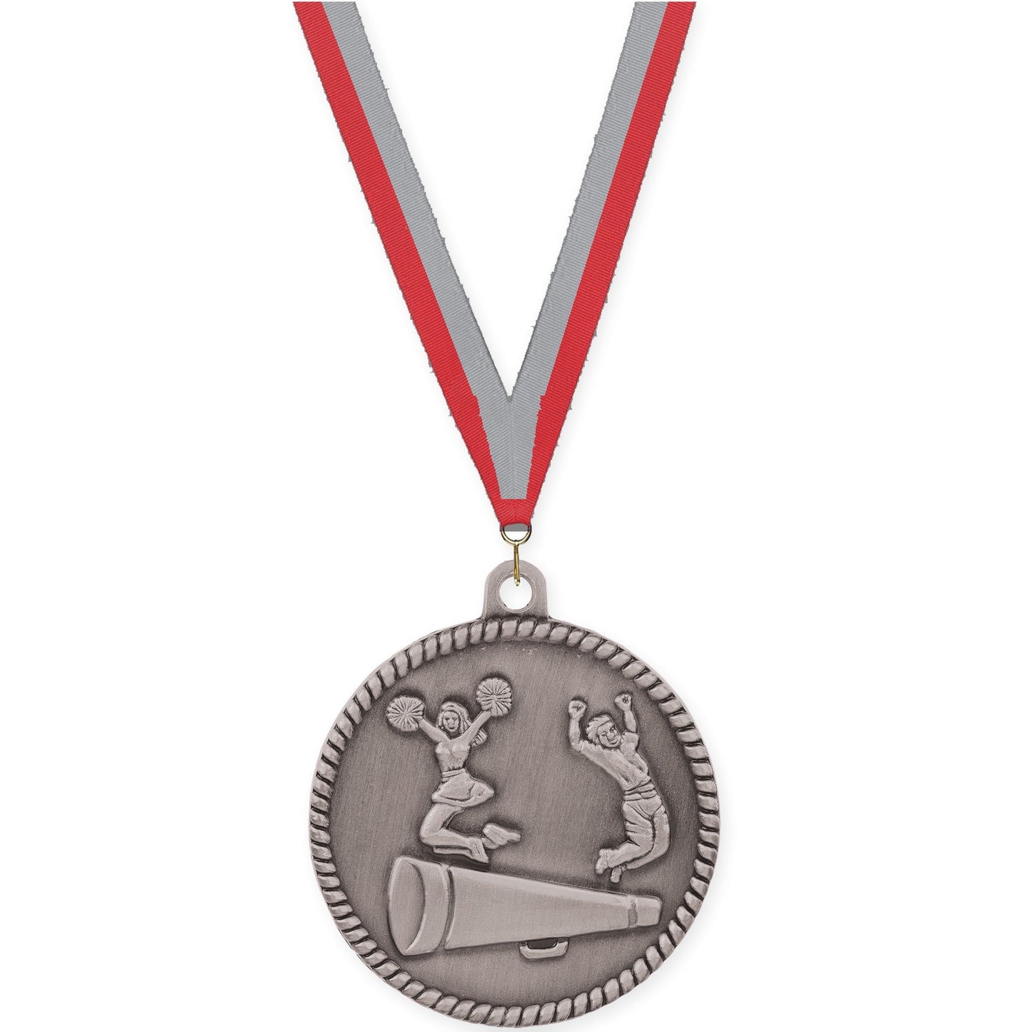 2 inch cheerleading High Relief medal in antique silver with Red Gray neck ribbon